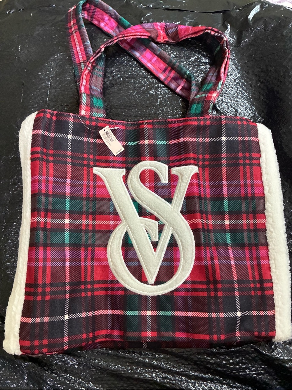 VS Plaid Tote Bag with White Monogram - Red & Green